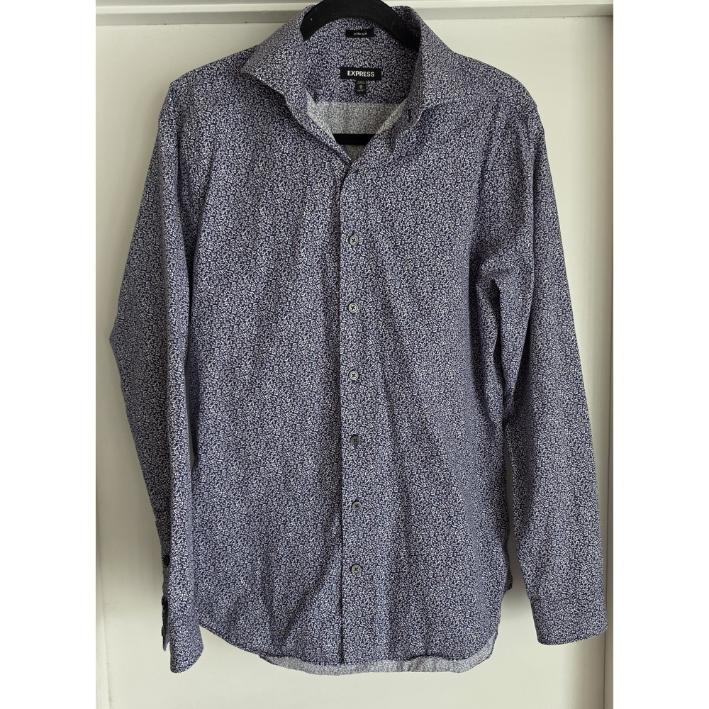 Express Men's M Floral Button-Up Long Sleeve Cotton Shirt Blue Collared Top